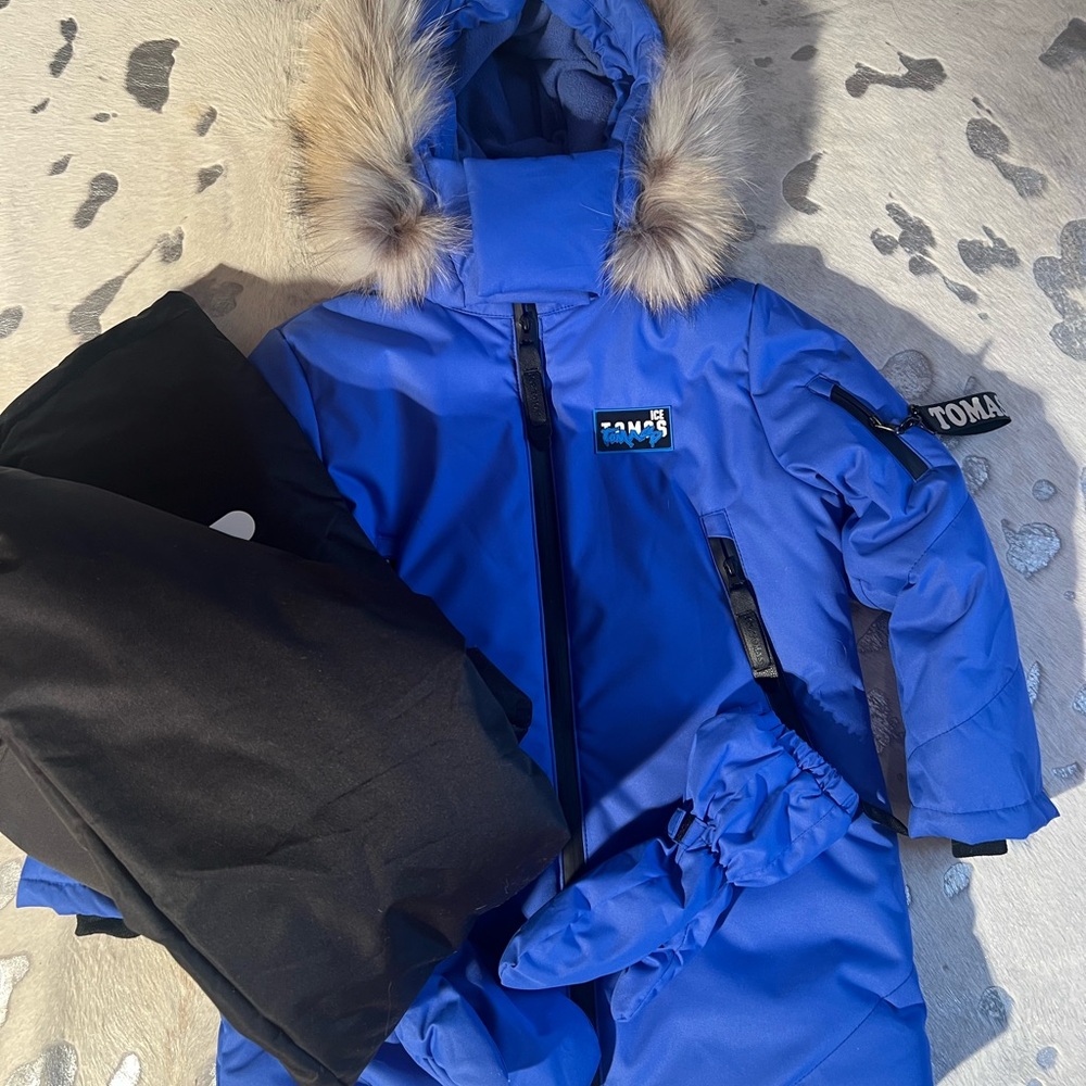 Kids Winter Blue Puffer Jacket with Fur Hood and snowpants